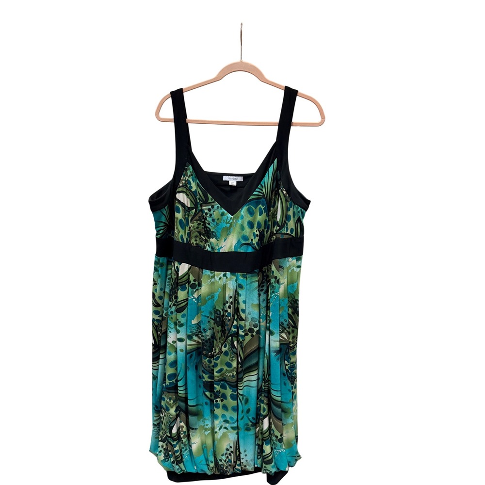 Y2K Dressbarn Woman Teal Green Abstract Bubble Print Empire Waist Dress 20W